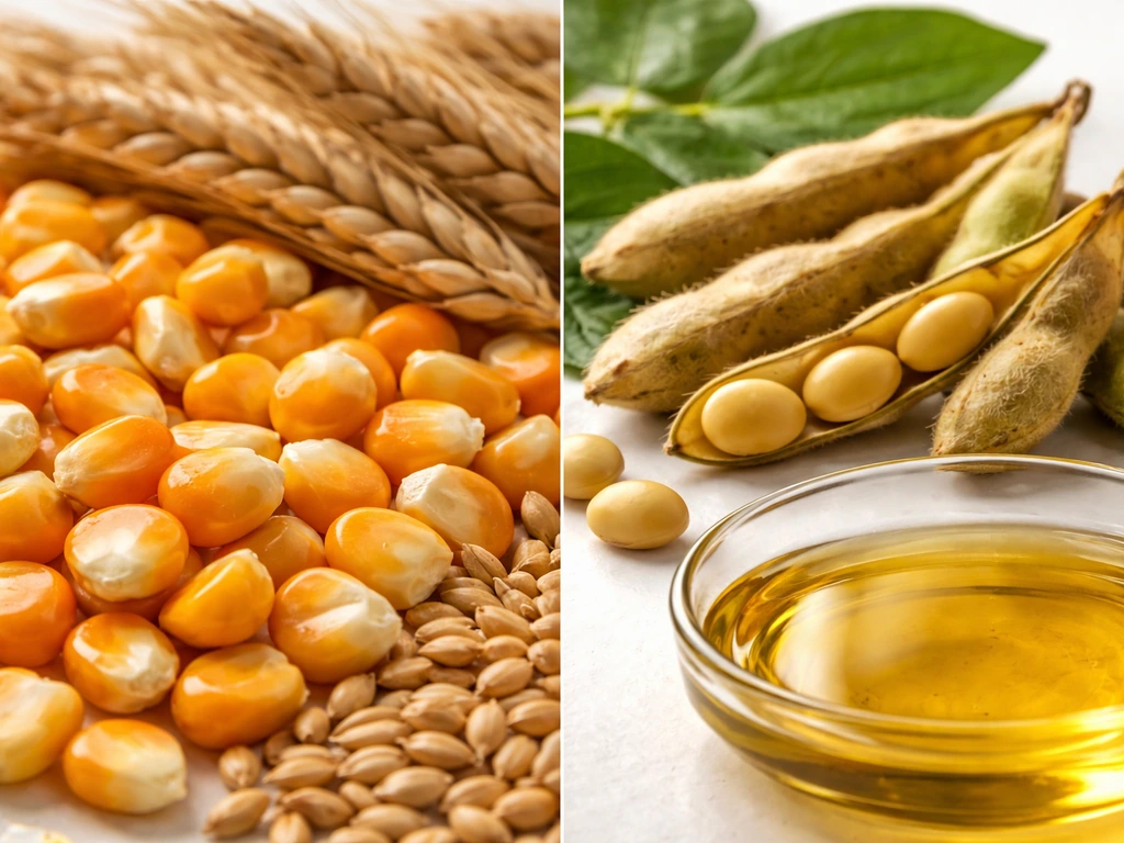 Close-up of corn, wheat, and soy with grains and oils theme in a clean, minimal infographic-like layout.