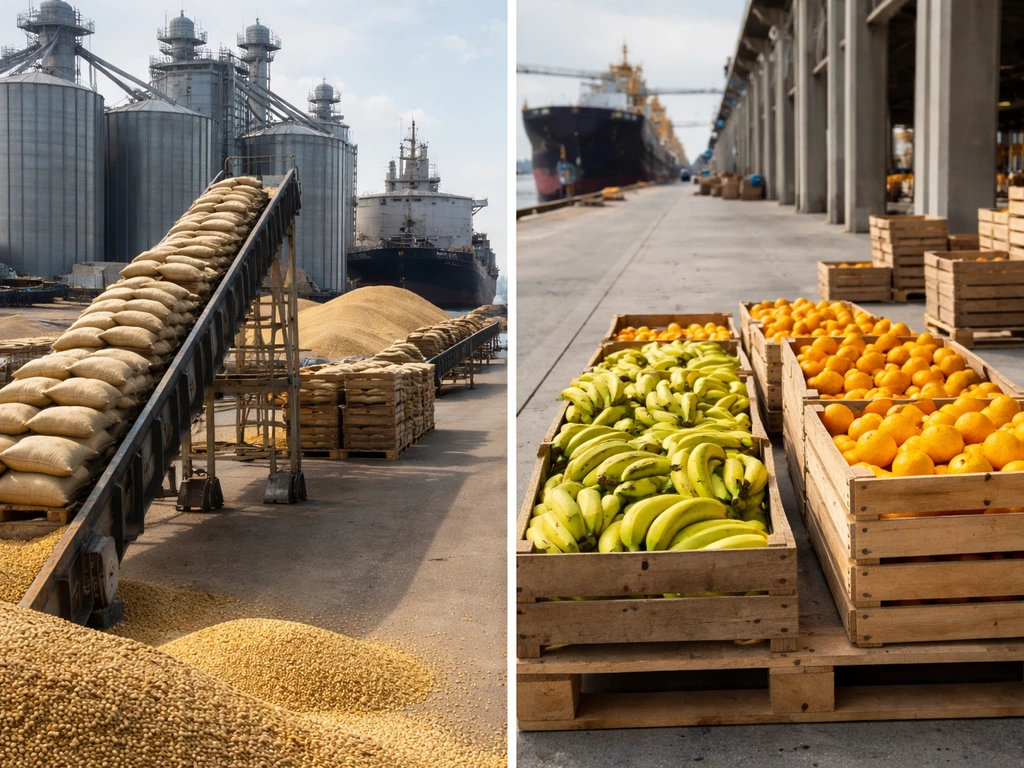Minimal scene of grain dock silos beside banana and citrus crates, showing exports and imports in one frame.