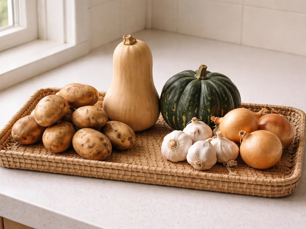 Minimal side-by-side still life of potatoes, winter squash, and garlic/onions on a kitchen counter