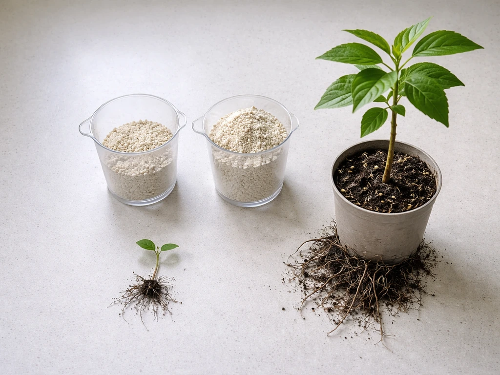 Overhead view of two measuring cups with bonemeal amounts beside small and larger tree seedlings