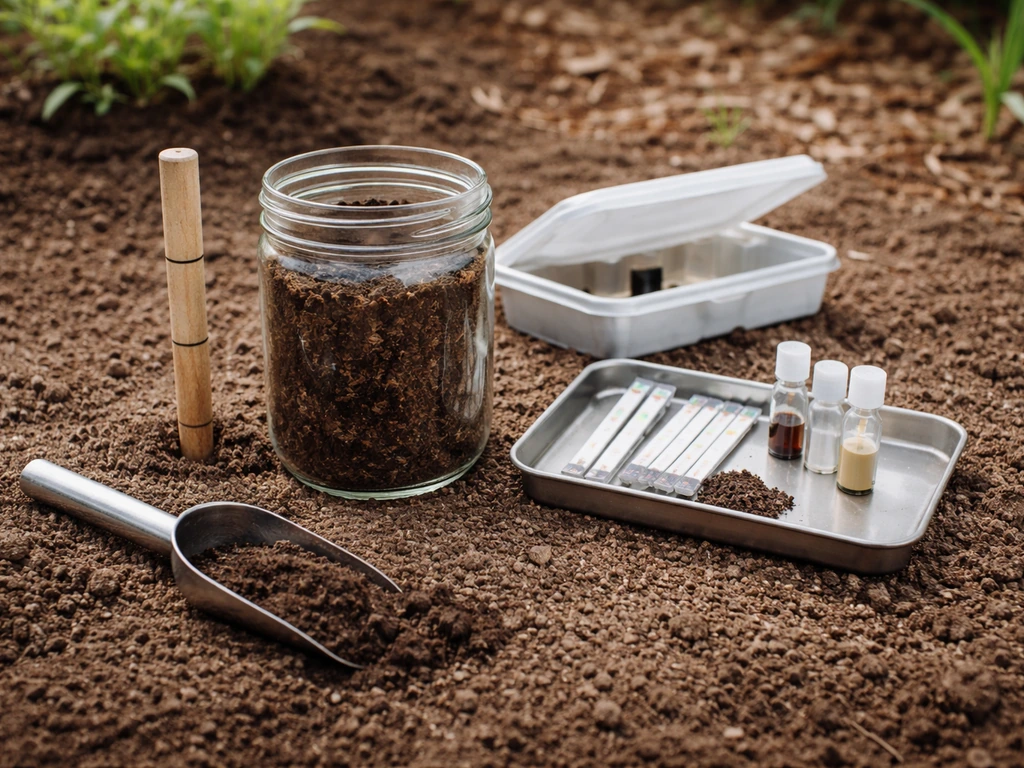 Close-up of soil sampling setup with a jar, test strips, and marked sample depth in a garden