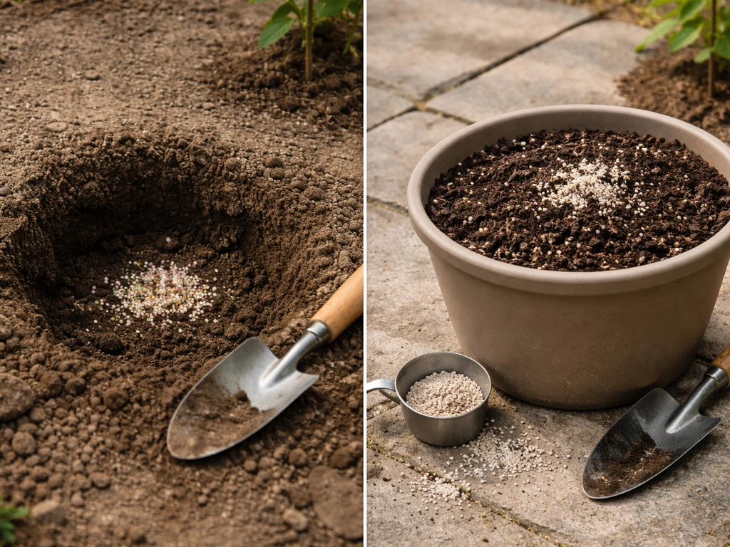 Two close-up planting setups: mixed bonemeal in backfill for in-ground and measured bonemeal in potting mix for containe