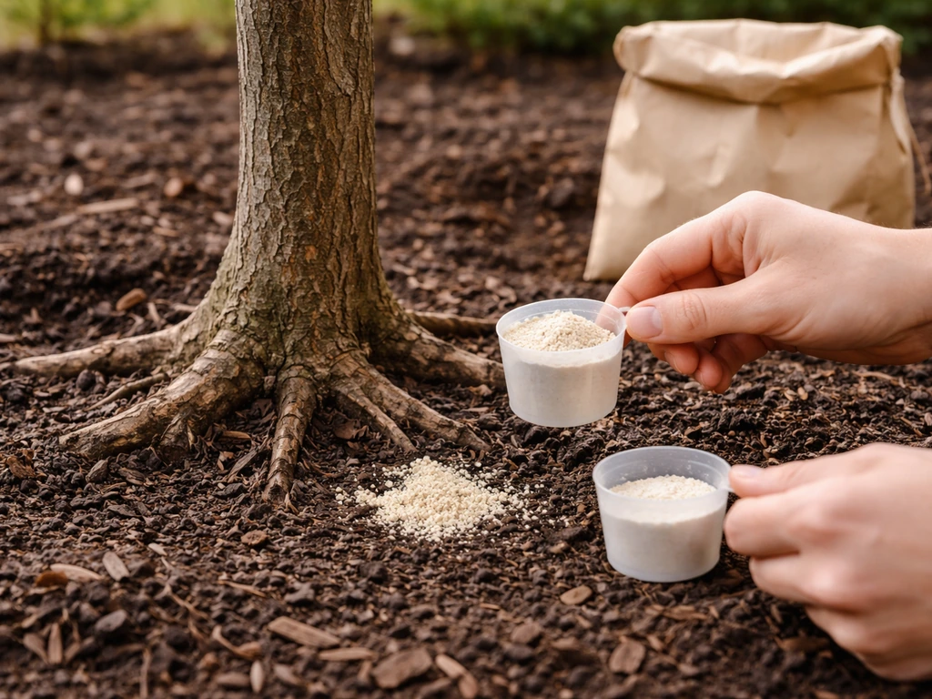 Person measuring bonemeal near a small established tree, with a second light reapplication shown by nearby cup.