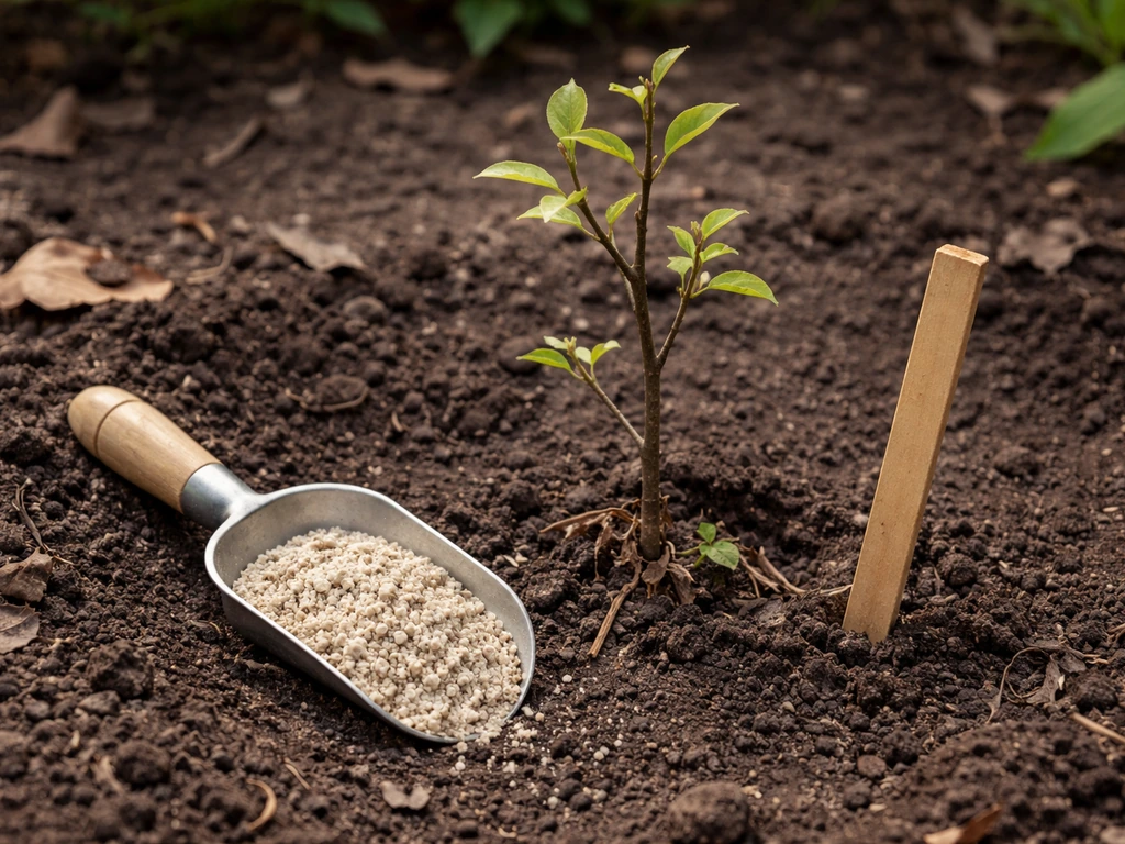 Close-up of a weak young tree in soil with bone meal scoop and measuring depth stick nearby.