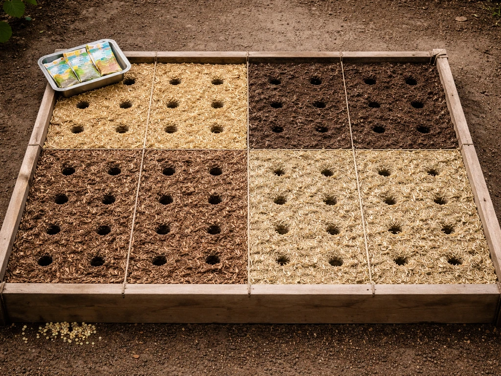 Top-down view of a raised bed with a simple 4x8 planting grid and crop-rotation zones marked by twine.