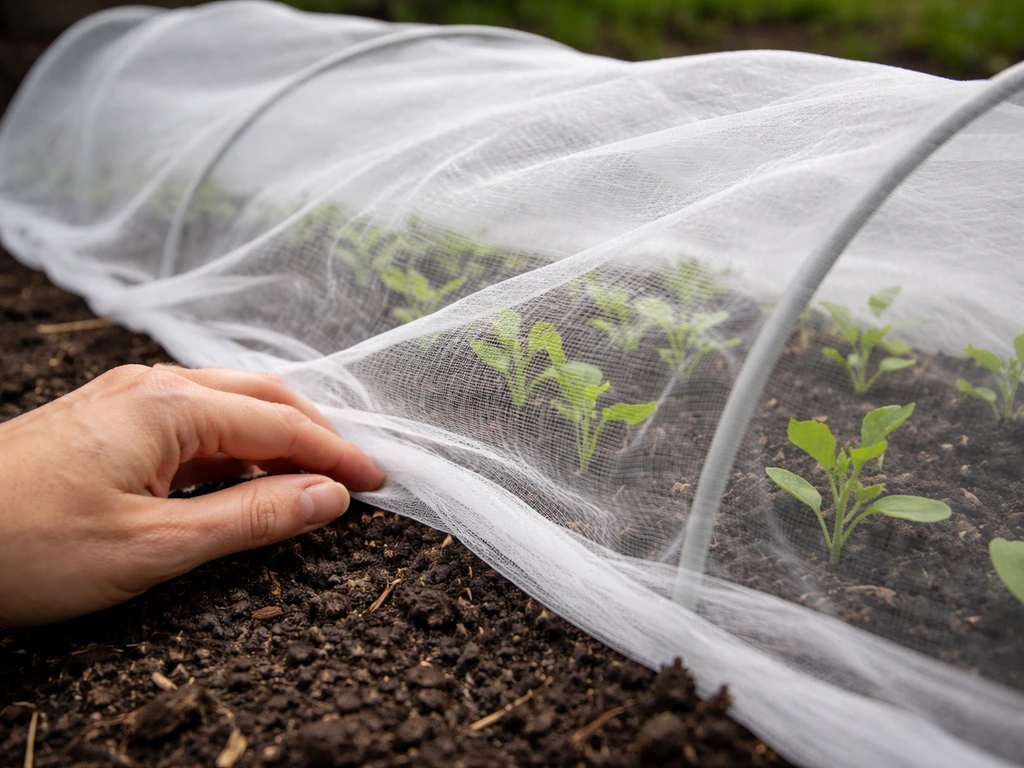 Close view of a gardener covering tender seedlings with lightweight row cover mesh at ground level
