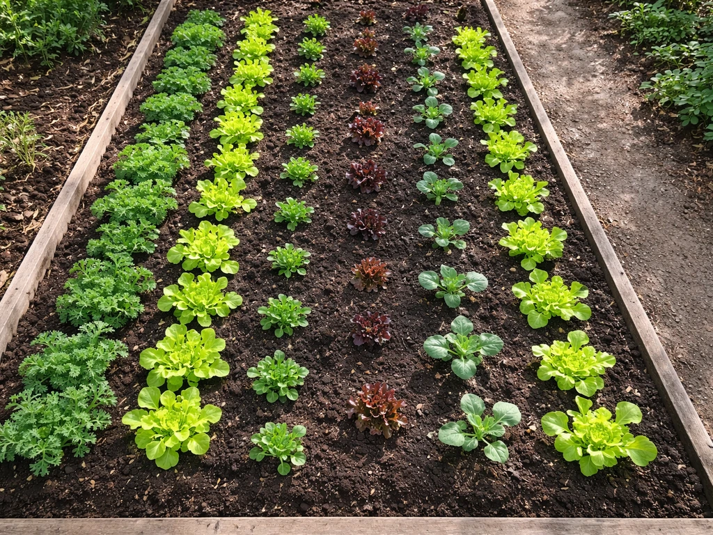 Overhead view of a neatly arranged home garden bed with dense crops and clear five-foot pathways