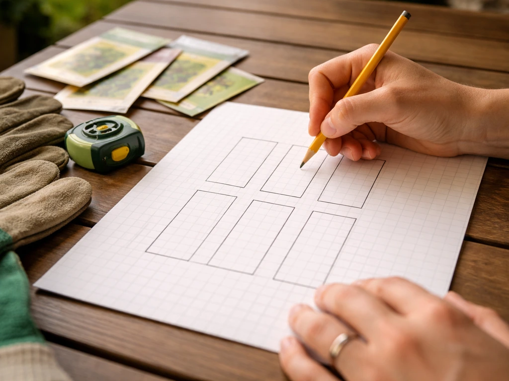 Gardener’s hands planning a simple garden bed layout on graph paper with tape measure and gloves.