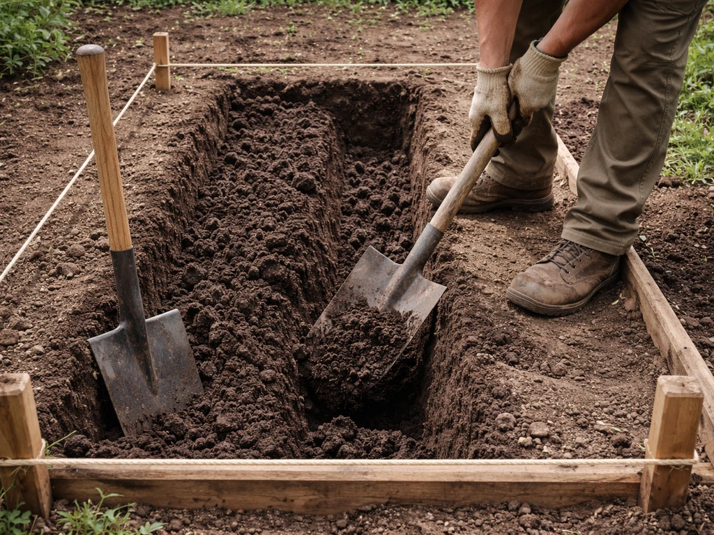 Gardener using a spade to double-dig a soil bed with a neatly marked 5-foot trench and loose dark earth.