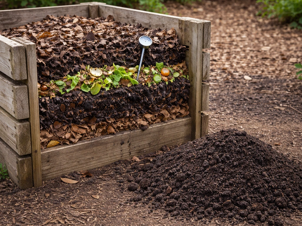 Layered compost in a wooden bin with a thermometer nearby and dark mature compost beside it.