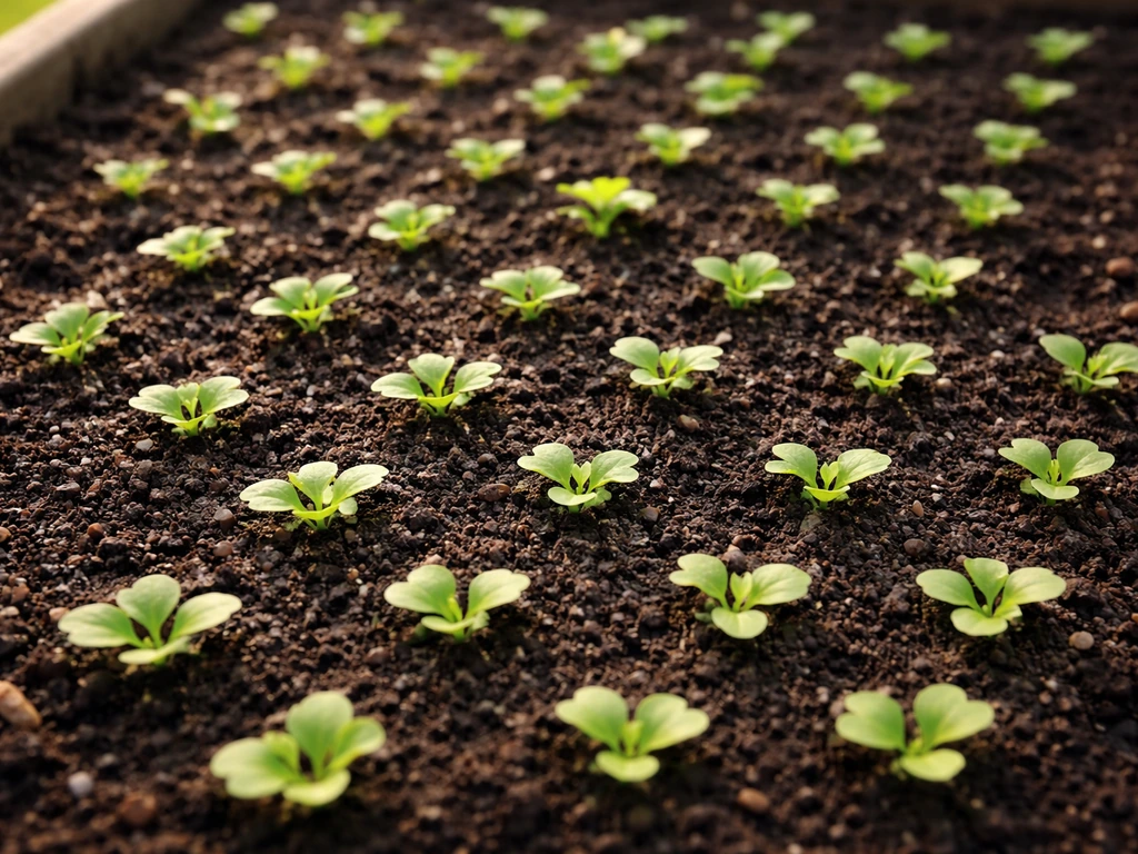 Close-up of seedlings planted in an offset hexagonal pattern in a small garden bed