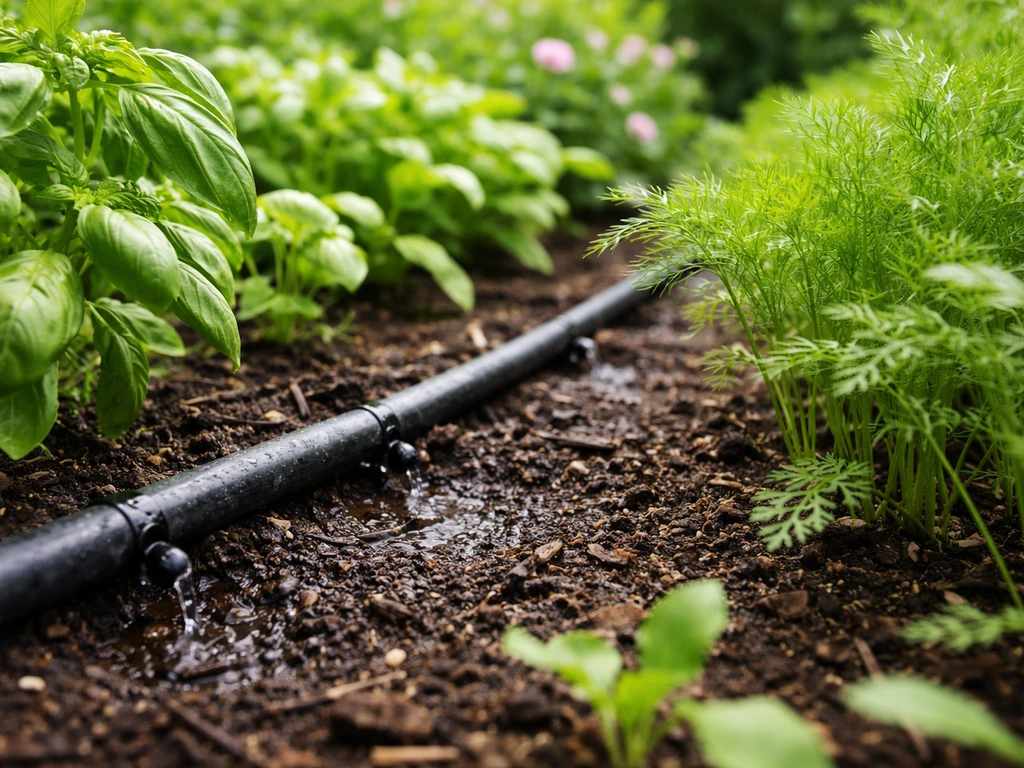 Drip irrigation line watering a densely planted garden bed at soil level.