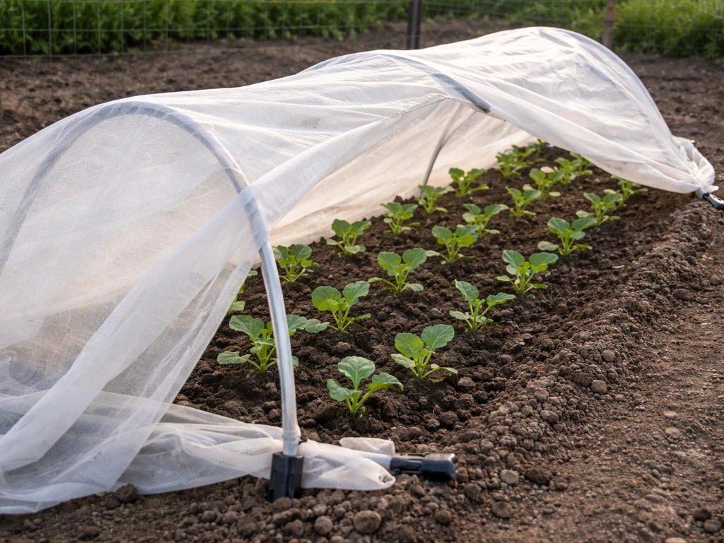 Floating row cover secured over fresh brassica transplants in an outdoor garden bed.