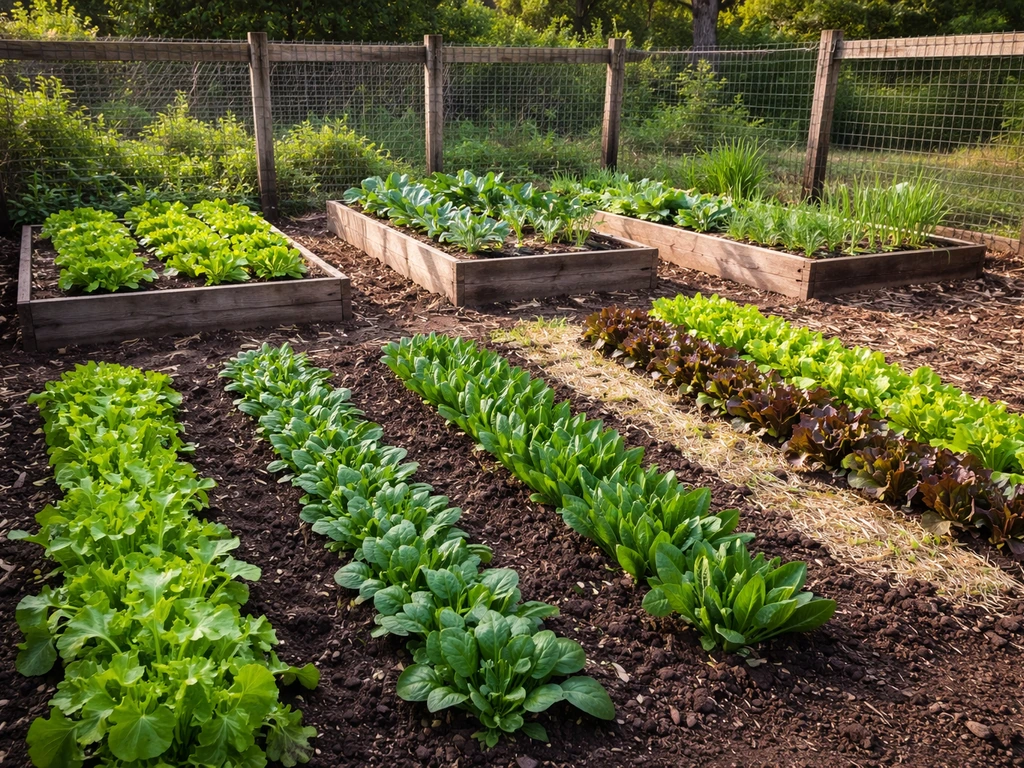 Converted chicken run with raised beds and neat rows of leafy greens in fresh soil.