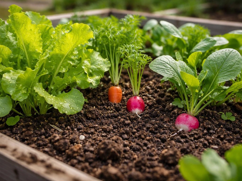 Close-up of leafy greens and colorful roots growing in rich amended soil beds