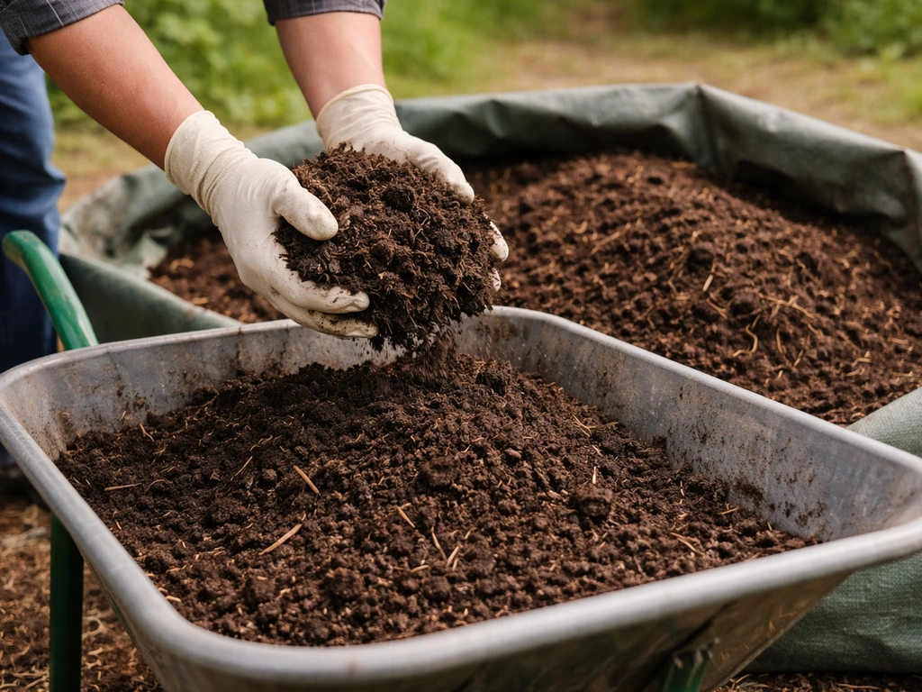 Aged compost on a tarp being scooped into a composting wheelbarrow, showing safe manure handling.