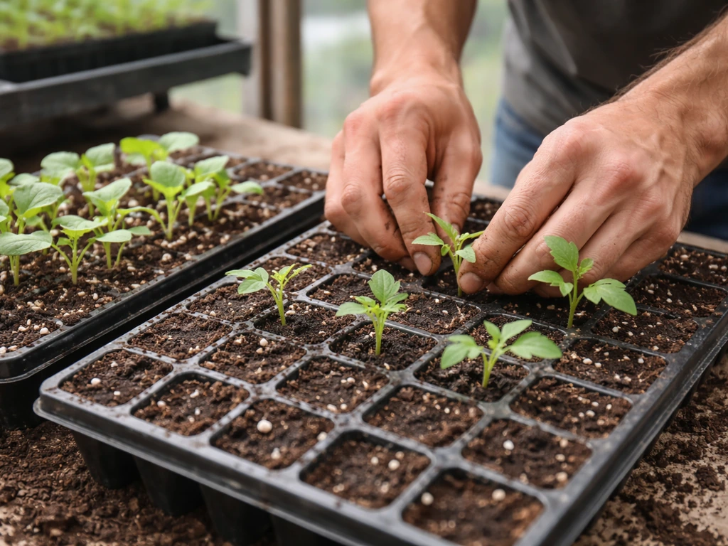 Gardener’s hands arranging tomato and brassica seedlings in trays in a bright greenhouse.