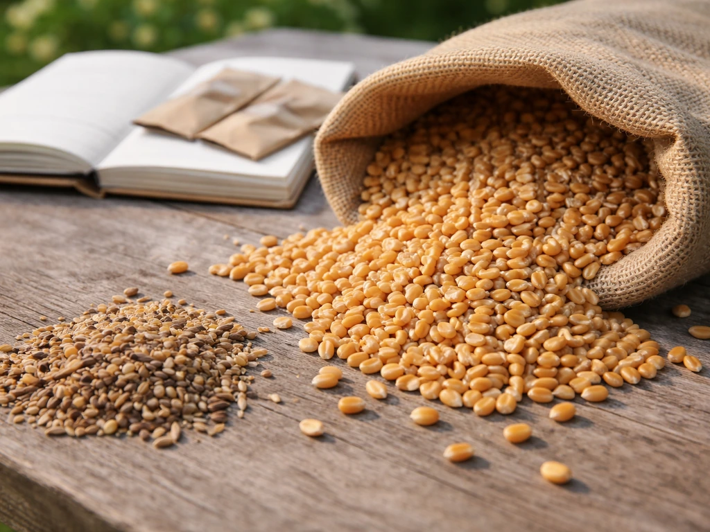 Close-up of feed wheat kernels in an open bag with mixed darker grain and a seed-starting notebook in the background.