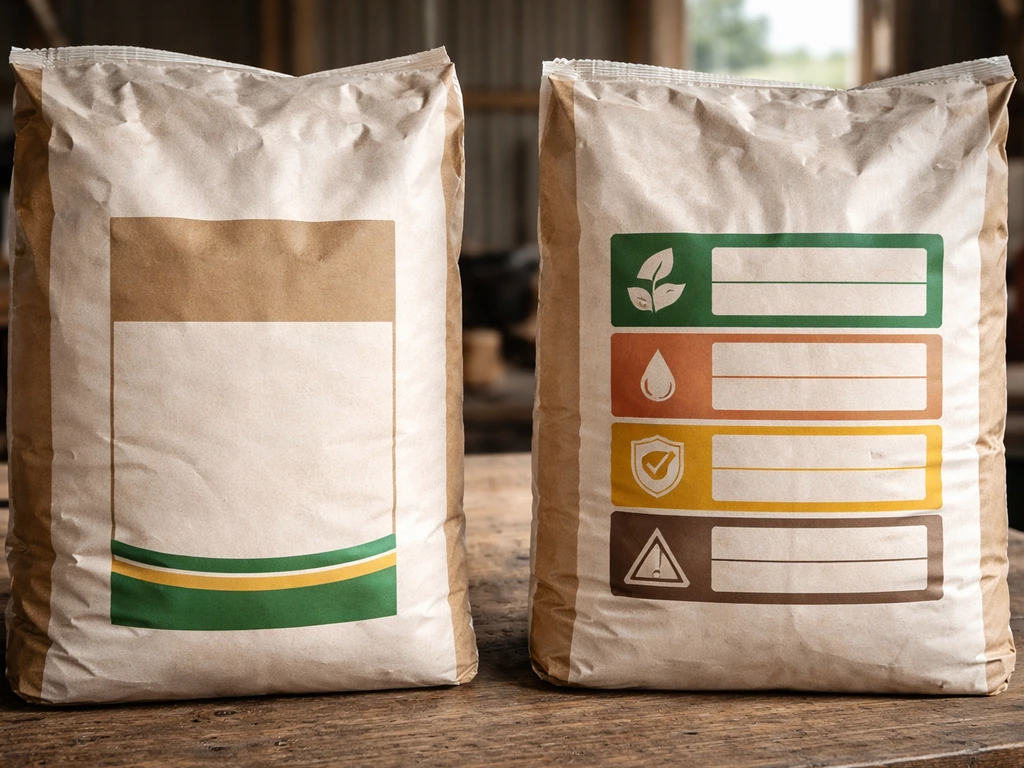 Close-up side-by-side of two seed bags showing label areas for germination, purity, and treatment info.