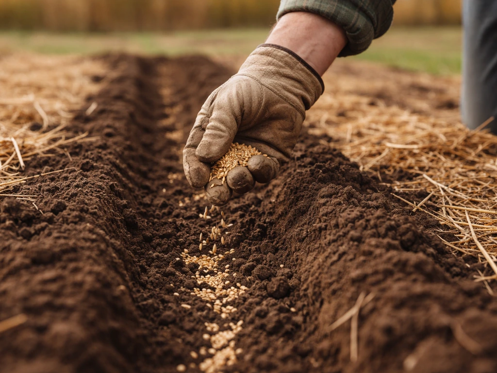 Gloved hand sowing winter wheat seeds into prepared soil with straw mulch in an autumn field.