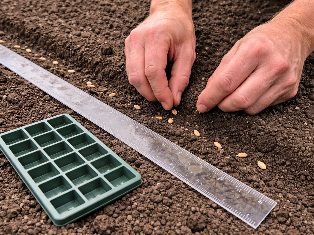 Hands sow evenly spaced wheat seeds in a shallow furrow, ruler showing depth and a simple seed-count grid reference.
