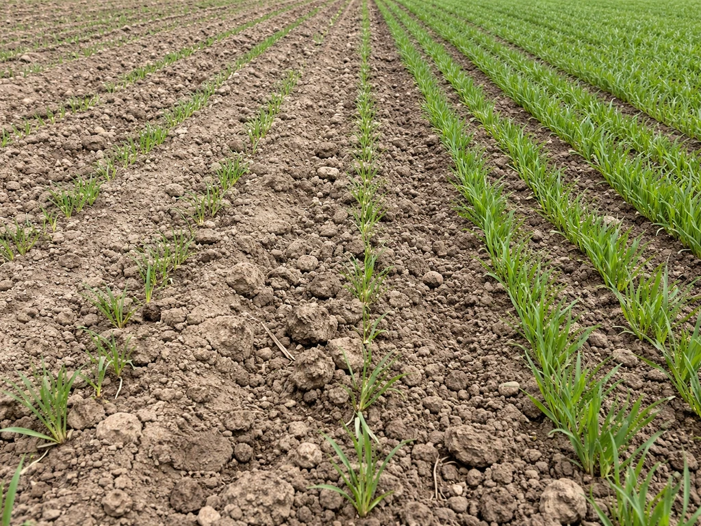 Ground-level view of patchy early wheat emergence with bare soil beside healthier dense rows.