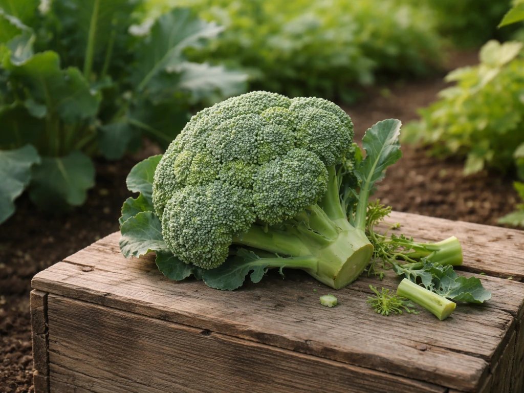Freshly cut broccoli head with intact florets on a wooden crate, lush garden foliage in soft focus.