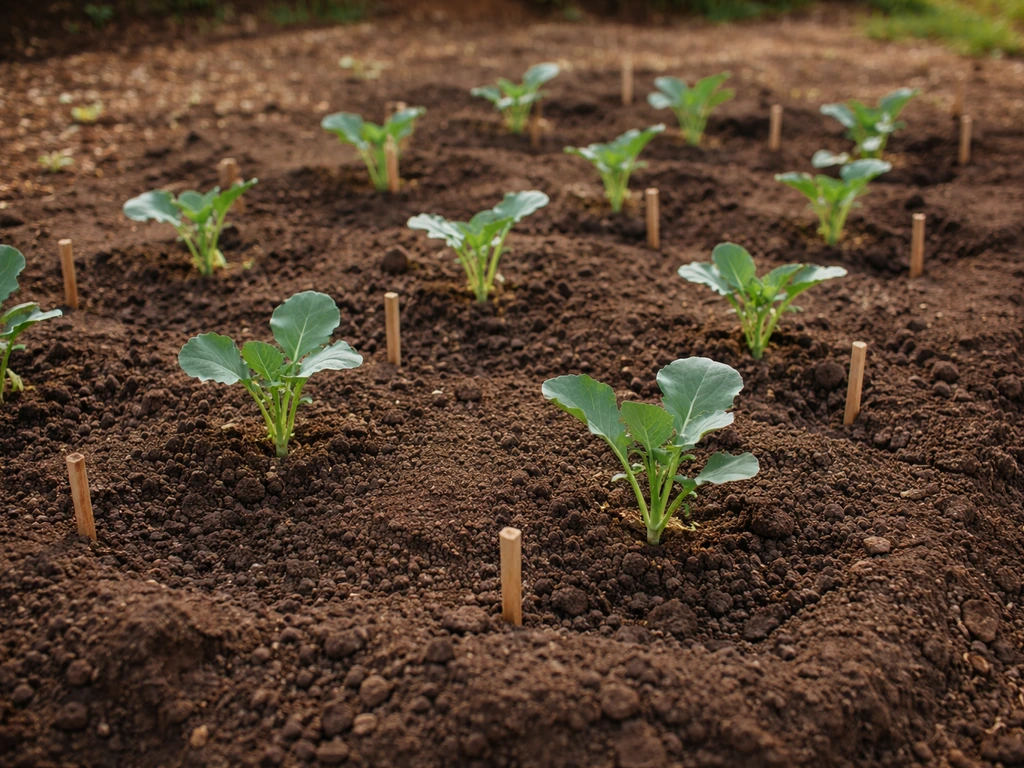 Fresh broccoli seedlings evenly spaced in a prepared garden bed with small spacing markers.