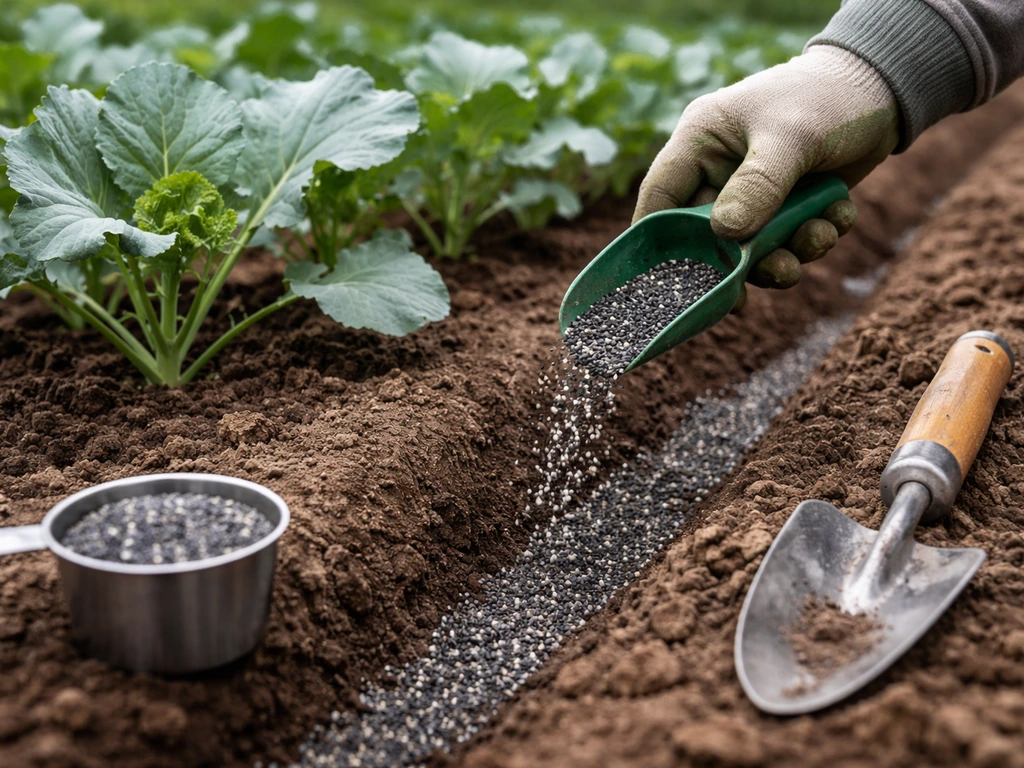 Granular nitrogen fertilizer being side-dressed along a broccoli row with garden tools and soil in close-up.