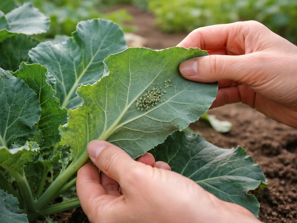 Close-up of broccoli leaves with a few aphids while a gardener checks the underside of foliage