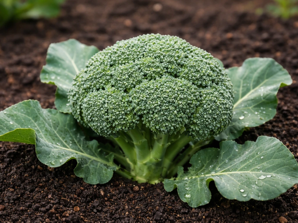 Tight deep-green broccoli head growing in amended garden soil, buds uncracked and ready to cut.
