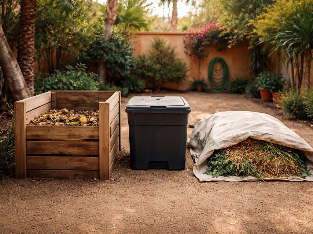 Minimal homestead backyard showing compost bin, worm bin, and covered green manure area working together.