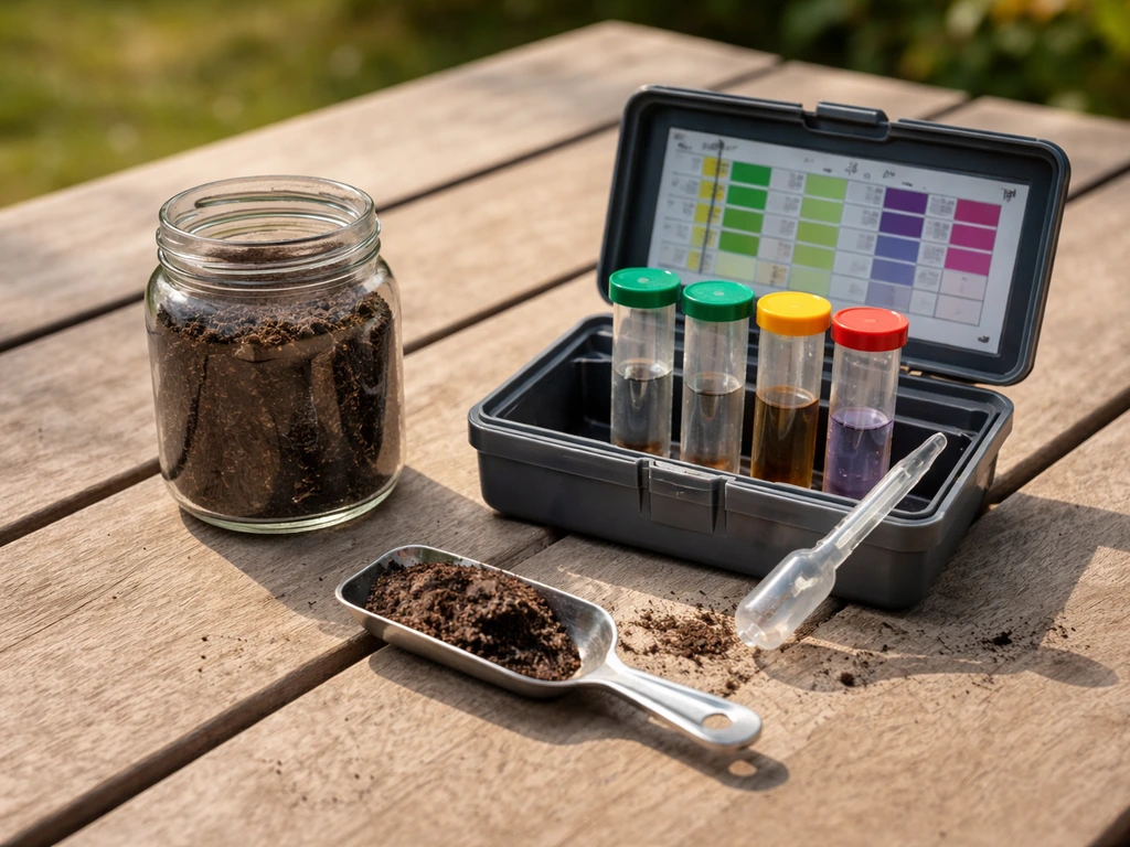 A clear jar of soil and a simple soil test kit on a table, showing testing before fertilizing.