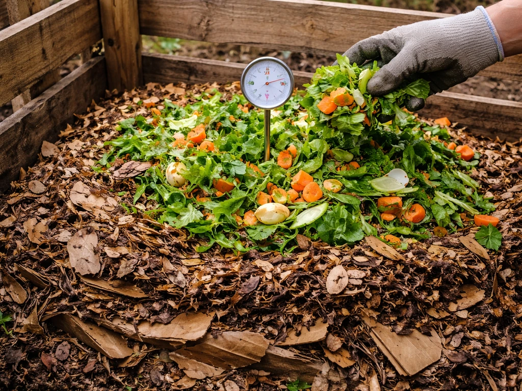 Layered hot compost pile in a wooden pallet bin with a thermometer inserted, greens being added by hand