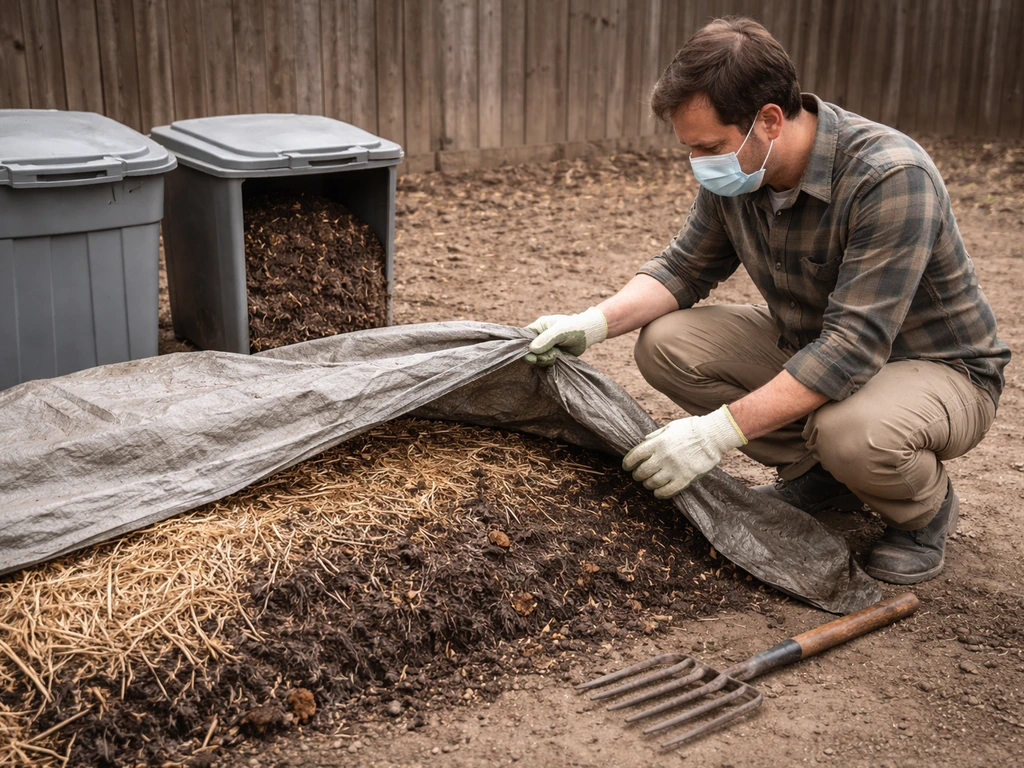 Gloved gardener tending a small outdoor compost pile with manure curing, in a simple yard setting