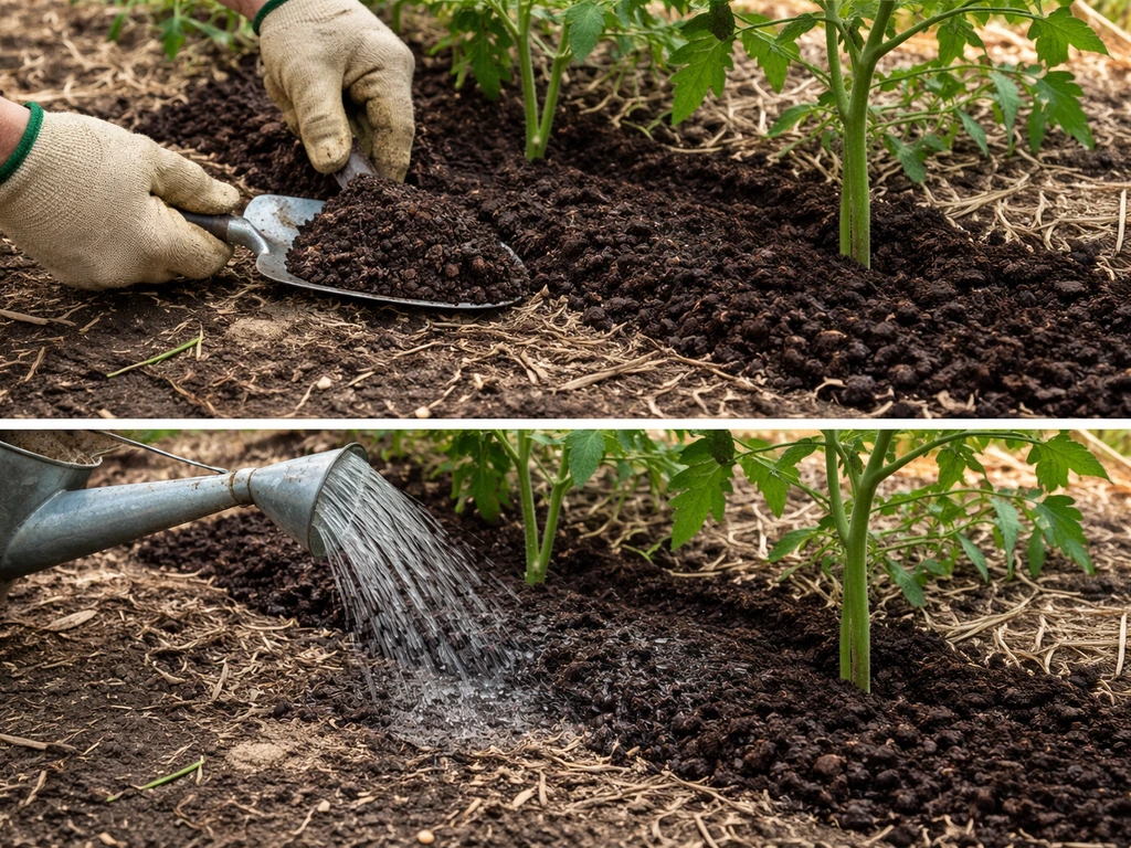Hands side-dressing compost in a narrow band a few inches from plant stems, then watering in.