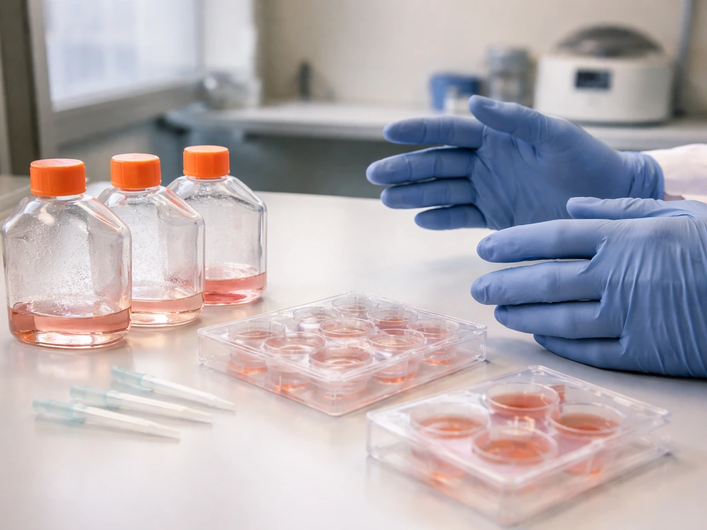 Close-up of cell-culture flasks and tissue culture plates in a sterile lab, symbolizing lab meat cell growth.