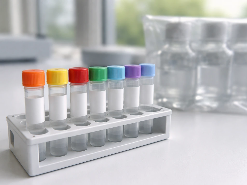 Close-up of cryovials in a lab tube rack beside sterile culture media bottles.