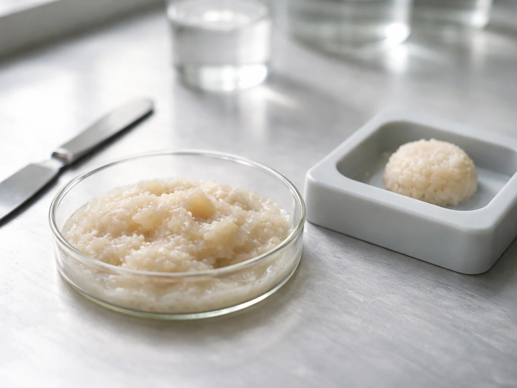 Close-up of pale wet cultivated biomass paste and a textured molded piece on a clean lab bench