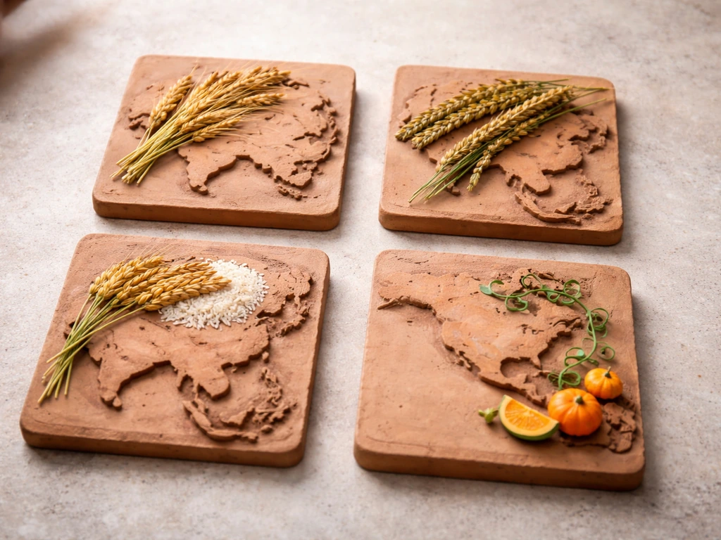 Four clay map tiles arranged as regions, each with early crop visuals like wheat, millet, rice, and squash.