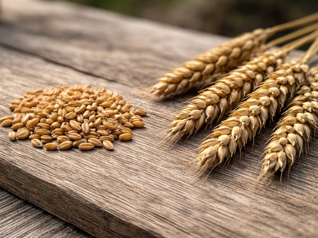 Close-up of einkorn wheat grains beside harvested wheat heads on a wooden board.