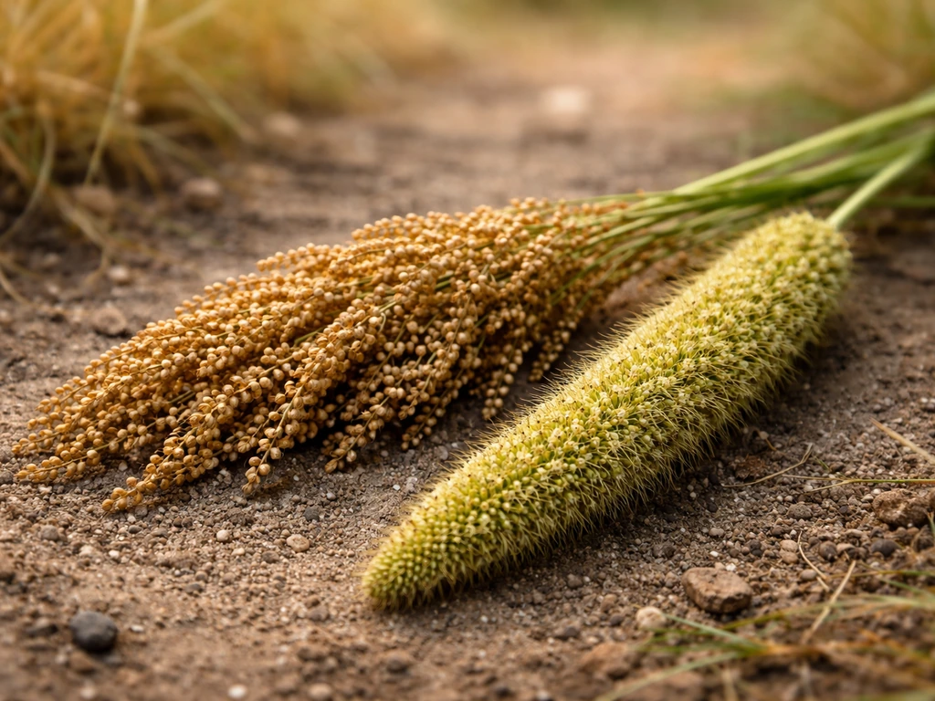 Close-up of broomcorn and foxtail millet stems with panicles and seeds in natural light.