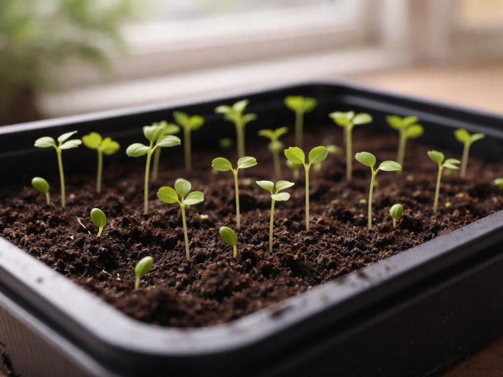 Close-up of a small planting tray with lentil/chickpea/bean seedlings in rich soil
