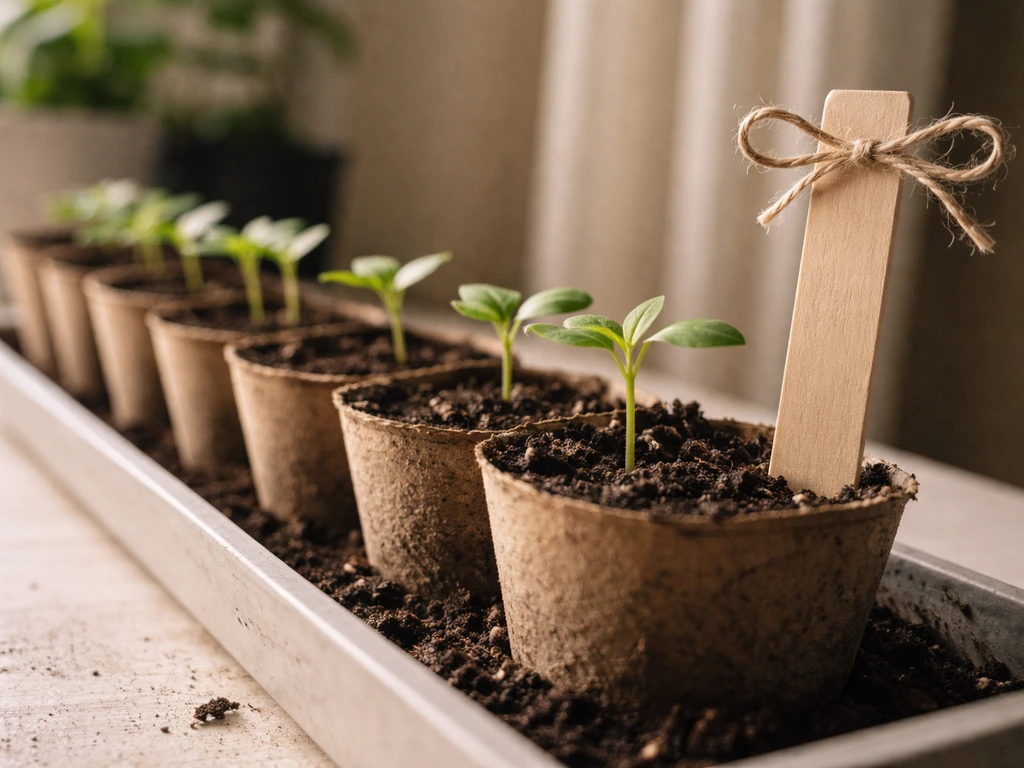 Small seedlings in pots with a subtle blank marker cue beside them, showing settle-in after transplanting.