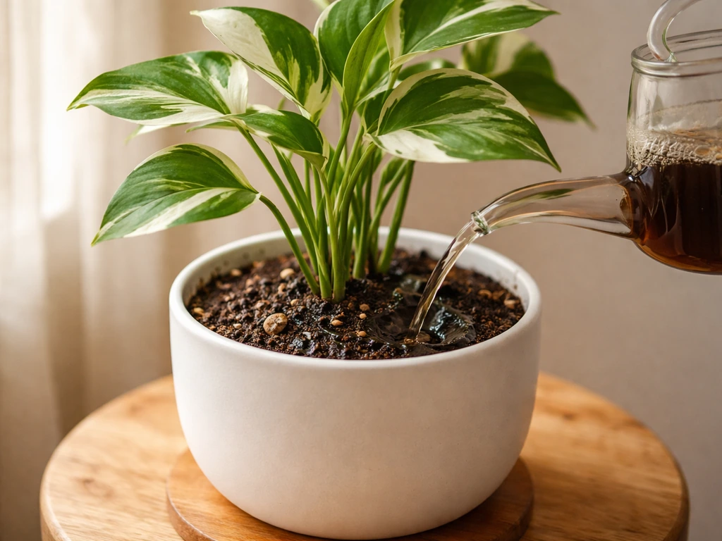 Watering can pouring mixed solution into the base of a potted plant to saturate the soil.