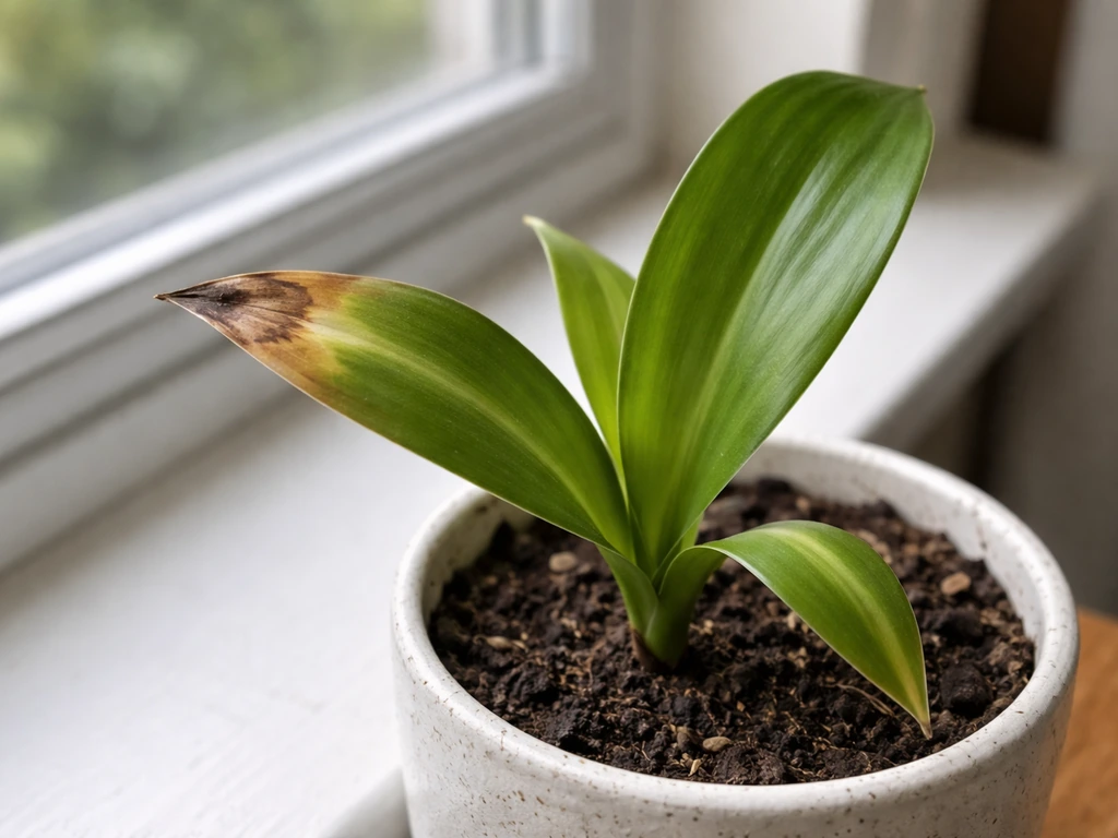 Close-up of houseplant leaves showing brown, crispy tips from overfeeding beside healthy green leaf