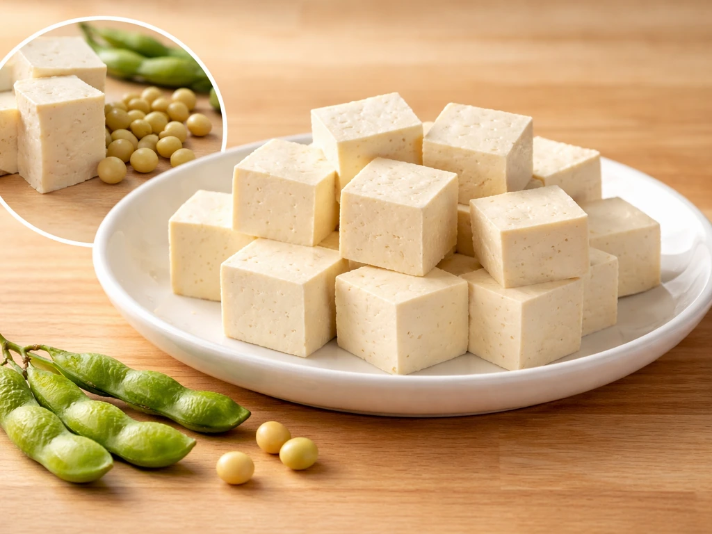 Appetizing tofu on a plate with fresh soybeans beside it, showing tofu comes from soy without animals.