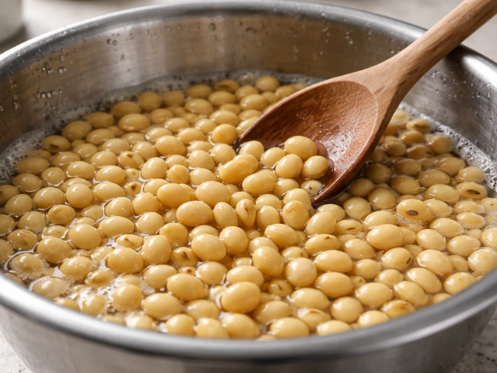 Close-up of soybeans being rinsed and prepared for soy milk in a clean stainless basin