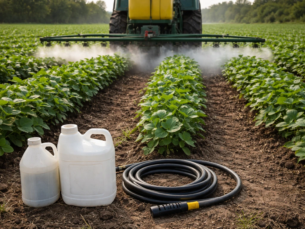 Herbicide sprayer working in a soybean field, with agricultural inputs beside the crop.