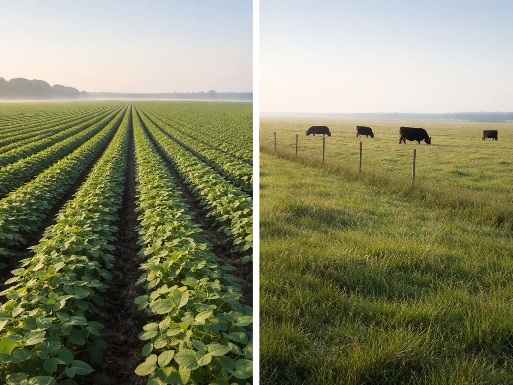Split scene: soybean field beside a quiet cattle pasture, highlighting plant vs animal farming.